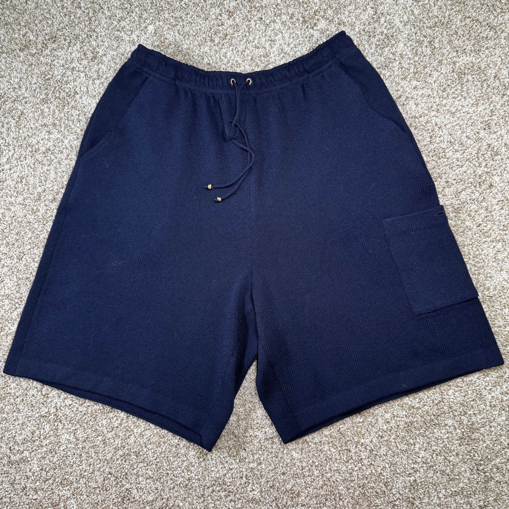 St John Sport Marie Gray Womens M Navy Blue Wool Knit Santana Shorts Drawstring